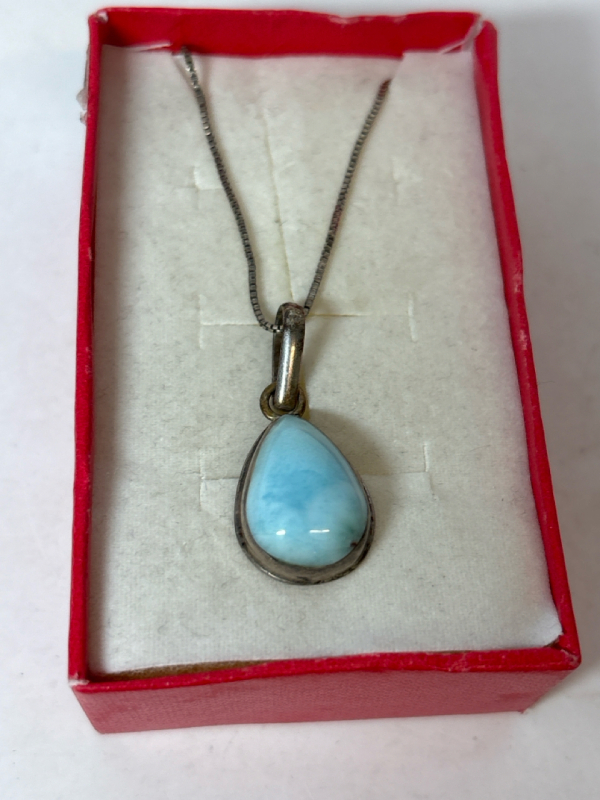 Sterling Larimar Teardrop Pendant on Italy 925 Box Chain