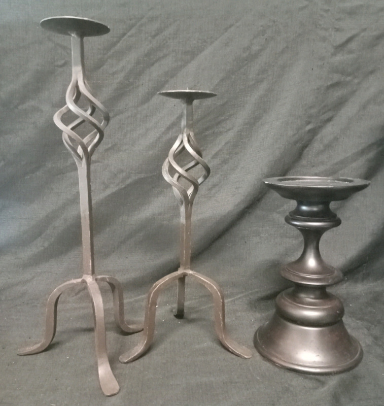 Candle Holders Lot Of 3 , 18", 15",10.5" Tall. 2 Metal, 1 Wooden