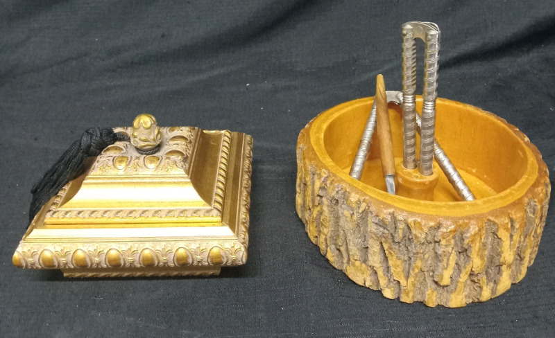 Bombay Company Jewellery Box Gold 5 1/2" x 5 1/2" x 4" Tall And Wooden Nut Bowl 7 " Diameter With 2 Crackers And Fork