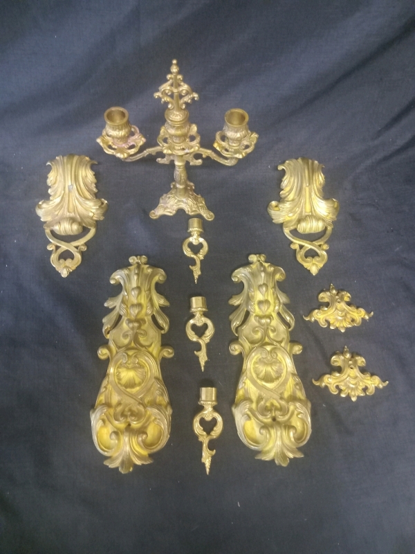 Vintage Metal Wall Hangings , Candelabra 7 " with Metal Toppers Not From Set But Fits Tote Included 15" x 15" x 11" Tall