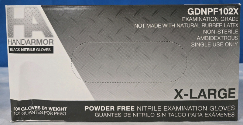 100 Pcs New Sealed | HandArmor X- Large Black Powder Free Nitrile Examination Gloves | Non-Sterile | Model # GDNPF102X