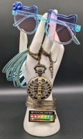 Fun Jewelry! 11 Blue Metal Bangles, Metal Open-Cuff Bracelet, Hello Kitty-Style Glitter Sunglasses with Purple / Pink Gradient Lenses, Social Battery Enamel Pin & Skeletal Ribcage Pocket Watch on Chain