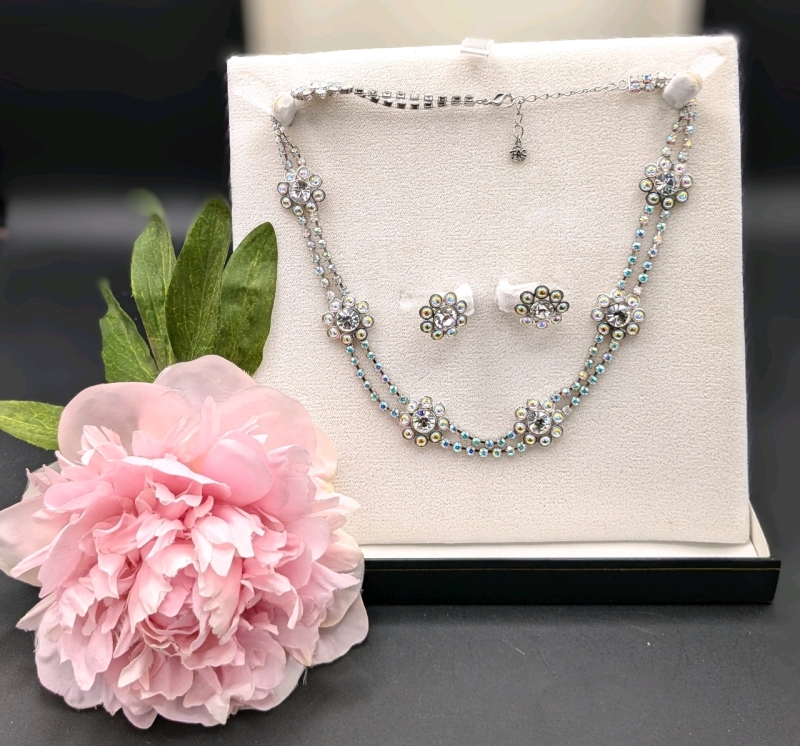 Beautiful Signed Vintage Butler AB Aurora Borealis Rhinestone Necklace & Earrings Set in Original Fifth Avenue Collection Box