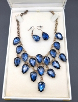 Stately Vintage Royal Blue Rhinestone Necklace & Earrings Set