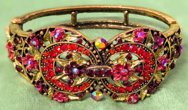 Gorgeously Ornate Signed Vintage Yuhong Gold Tone & Multicolored Rhinestone Bracelet with Spring Clasp | 2.8" x 2.2" x 1.25" at Widest Point