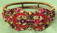 Gorgeously Ornate Signed Vintage Yuhong Gold Tone & Multicolored Rhinestone Bracelet with Spring Clasp | 2.8" x 2.2" x 1.25" at Widest Point