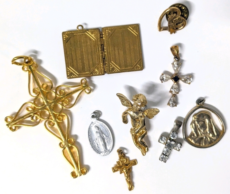 Gorgeous Assortment of Religious Cross Pendants, Crucifix, Italy Medallion, Madonna, Angels & Gold Tone Book / Bible Locket | 0.8" - 2.75" Long