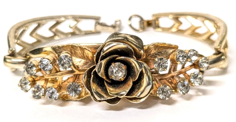 Gorgeous Signed Vintage CORO Gold Tone & Clear Stone Rose Bracelet | 2 75" x 2.5" x 0.5" at Widest Point