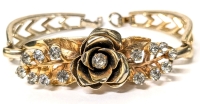 Gorgeous Signed Vintage CORO Gold Tone & Clear Stone Rose Bracelet | 2 75" x 2.5" x 0.5" at Widest Point
