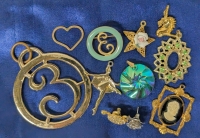 Assorted Vintage Ladies Jewelry : Uranium Glass Rhinestones, Pendants, Brooches, Lapel Pin, Single Earring +