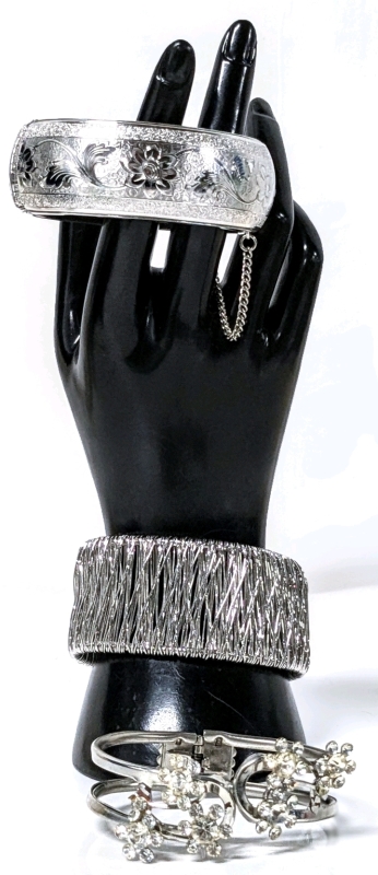 3 Large Eye-Catching Silver Tone Statement Bracelet: Box Clasp w Safety Chain, Spring-Back Closure & Open-Cuff Wire