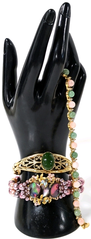 3 Vintage Gold Tone Bracelets | Rose Quartz, Aventurine-Stle Round Stones with Clear Rhinestones, Malechite-Style Bracelet & Wire & Faux Pearl Beaded Bracelet | 7" Long / 2.5" - 3" Across