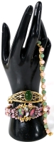3 Vintage Gold Tone Bracelets | Rose Quartz, Aventurine-Stle Round Stones with Clear Rhinestones, Malechite-Style Bracelet & Wire & Faux Pearl Beaded Bracelet | 7" Long / 2.5" - 3" Across