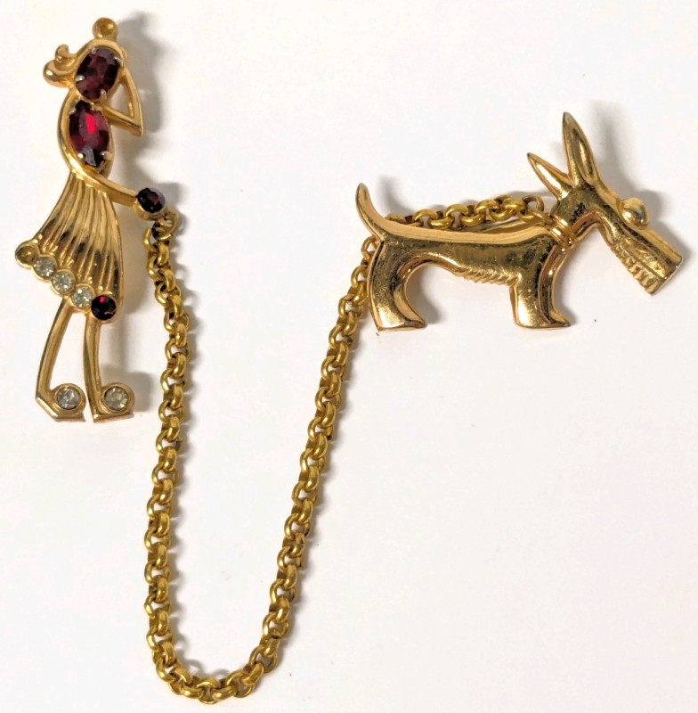 Stunning Signed Vintage CORO Pegasus Sweater Clip Brooch : Woman Walking Leashed Scotty Dog | 7.25" Long up to 2.15" Tall