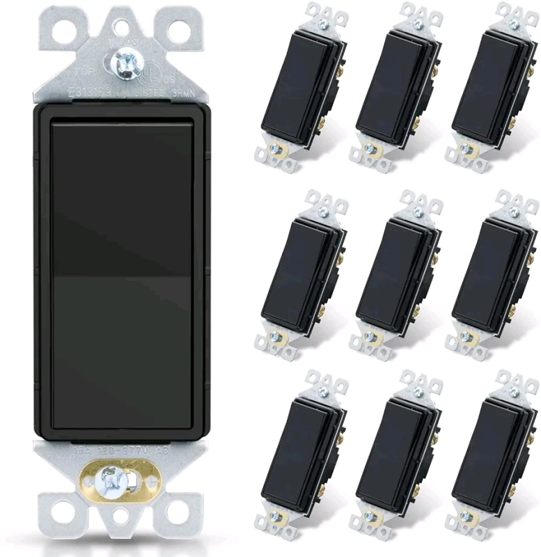 10 New ELEGRP Single Pole Decorator Light Switch. 15Amp, 120/277V, Decorative Paddle Rocker Switch Replacement, On/Off Wall Switch, Self-Grounding, Residential/Commercial Grade, UL/CUL (10 Pack Glossy Black