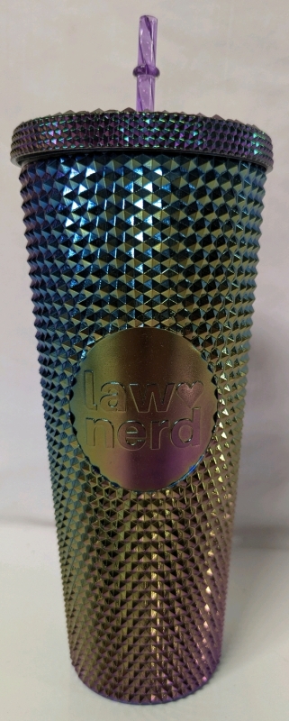 New Colourful Textured "Law Nerd" Coffee Tumbler with Straw. 9" Tall, 4" Across at Widest