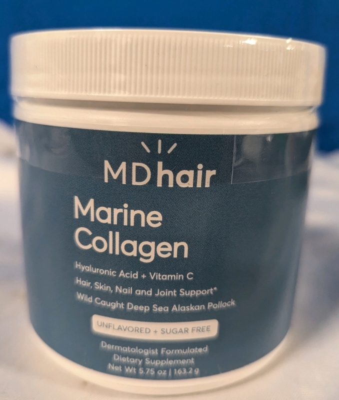 New Sealed MD Hair Marine Collagen Dietary Supplement. 163.2g. Hair, Skin, Nail, and Joint Support. hyaluronic Acid and Vitamin C.