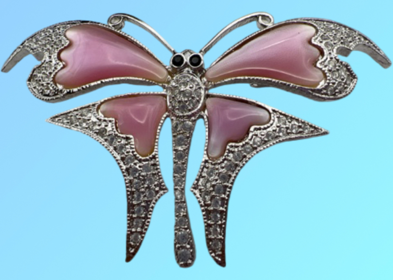 BUTLER Butterfly Pink Mother of Pearl rhinestone Brooch