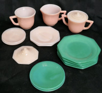 Vintage Akro Agate Glass Children Play Tea Party Dishes - Pink & Green
