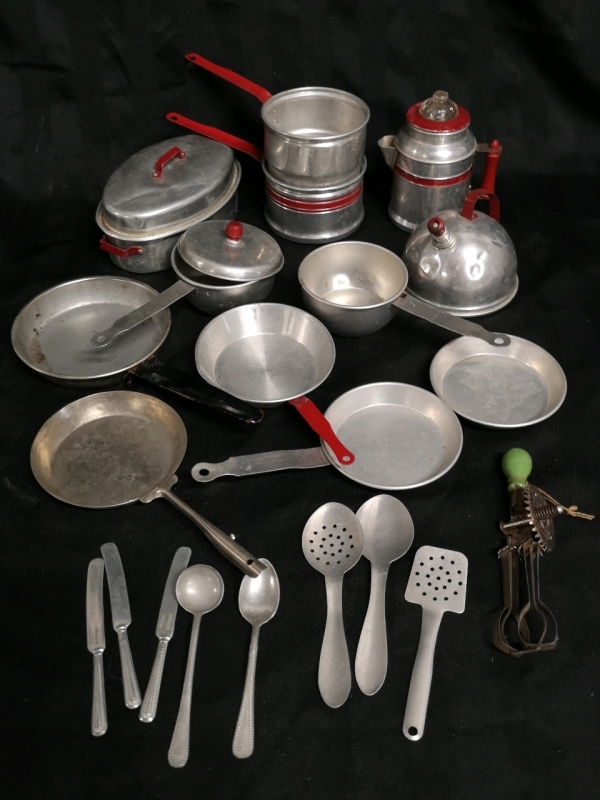 Vintage Metal Children's Play Kitchen Ware Dishes - Pots, Pans , Coffee Percolator ++