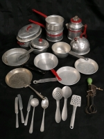 Vintage Metal Children's Play Kitchen Ware Dishes - Pots, Pans , Coffee Percolator ++