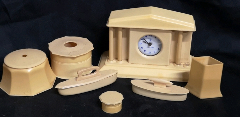 Vintage French Ivory Women's Dresser Accessories - Hair Receiver, Clock ++
