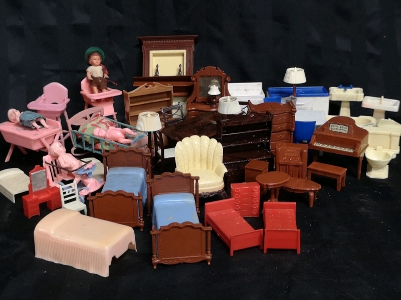 Vintage Children's Doll House Furniture - Piano, Beds, Fireplaces, Tables, Chairs +++