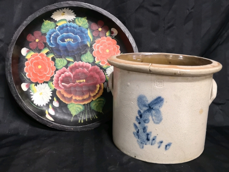 Vintage Crock & Wooden Decorative Platter