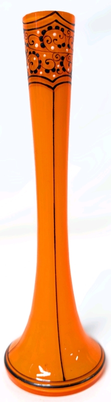 Gorgeous & Vibrant Vintage Art Deco Handpainted Orange & Black Clear Glass Vase | 8.25" Tall