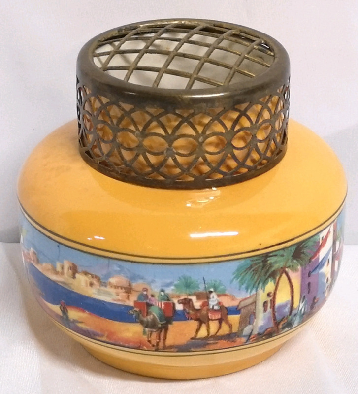 Vintage Ceramic Vase with Metal Flower Frog - Middle East Scene 5" Tall