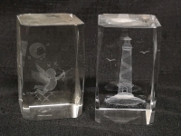 2 Glass Laser Etched Paperweights - Cupid & Lighthouse | 3" Tall ea