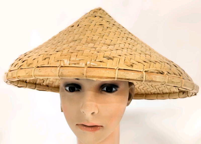 Vintage Asian Woven Bamboo Rattan Rickshaw Coolie Conical Hat | 14" Diameter x 7" Inner Ring x 7" Tall