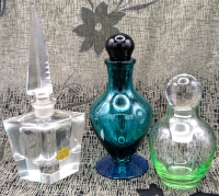 3 Vintage Glass Perfume Bottles with Stoppers incl Clear Hand Cut Pagoda Bottle | 4" - 6.75" Tall