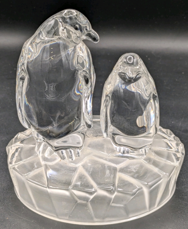 Vintage Large Clear & Frosted Crystal Penguins on Iceberg Paperweight | 5" Tall