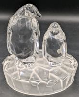Vintage Large Clear & Frosted Crystal Penguins on Iceberg Paperweight | 5" Tall