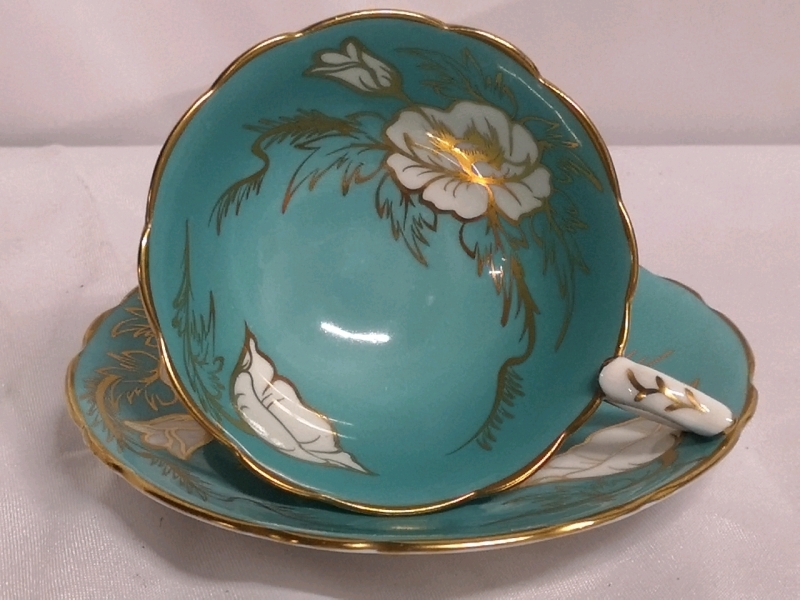 Vintage Royal Stafford Teacup and Saucer - Turquoise Gold Floral Leaf Pattern