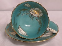 Vintage Royal Stafford Teacup and Saucer - Turquoise Gold Floral Leaf Pattern