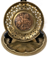 2 Vintage Brass Decorative Plates | St. George & the Dragon Made in England (8" Diam) & Hammered Plate Stamped EINGTR SCHUTZ M. GFS. GFSCM (10.25" diam)