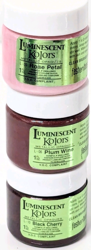 3 New FASHENHUES Luminescent Kolors Metallic Opaque Ceramic Bisque / Wood / Canvas Stains | 1 FL OZ ea | Retails for Over $35!