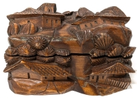 Neat Detailed Vintage Hand Carved Wooden Trinket Box with A Perspective Trick of a Path Running Through a Village | 6.2" x 3 75" x 3.5" Tall