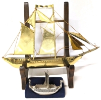 Vintage Brass Clipper Ship on Stand / Recipe Book Holder & Vintage Norge TPB Handstopt TINN Viking Ship