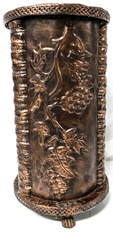 Vintage Copper Tone Footed Metal Umbrella / Cane Stand with Grapes & Bamboo | 9" Diameter x 17.15" Tall