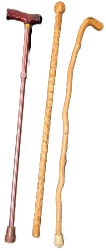 3 Vintage to Modern Canes: Adjustable Pink Metallic Folding Cane with Wooden Handle & 2 Natural / Carved Wood Canes | All with Safety Tips