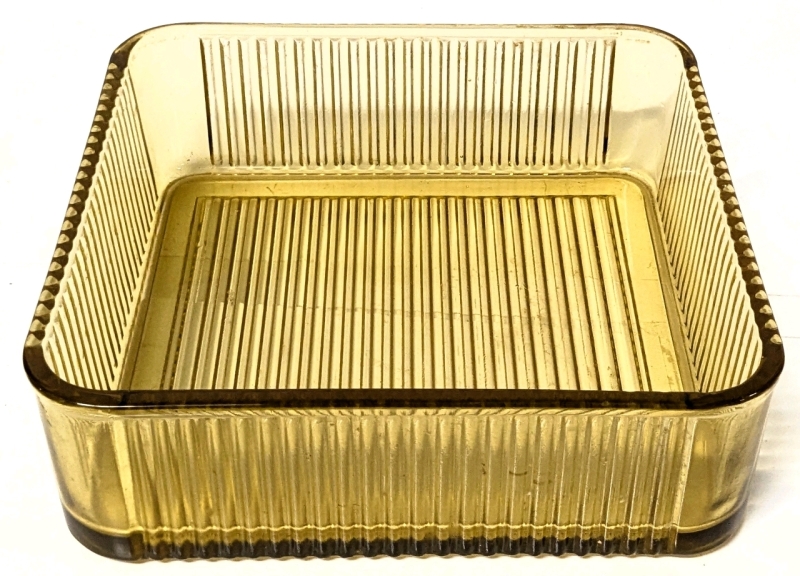 Vintage Art Deco Unsigned Federal Square Ribbed Amber Glass Refrigerator Dish | 8.5" x 8.5" x 2.5" Deep