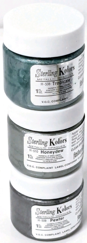 3 New FASHENHUES Sterling Kolors Metallic Opaque Stains for Finished Bisqued Ceramics / Wood / Canvas | 1 FL OZ ea | Retails for Over $35!