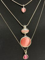 Three Pink Cats Eye Style Necklaces Boxed One stamped 925 Sterling