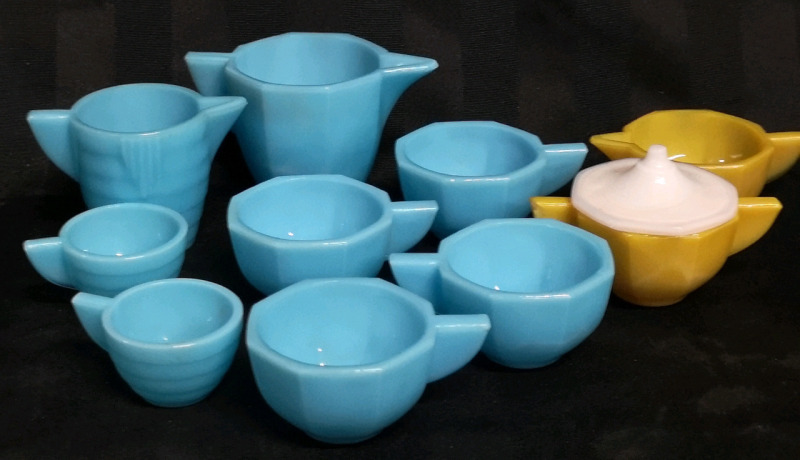Vintage Akro Agate Glass Children Play Tea Party Dishes - Blue & Yellow