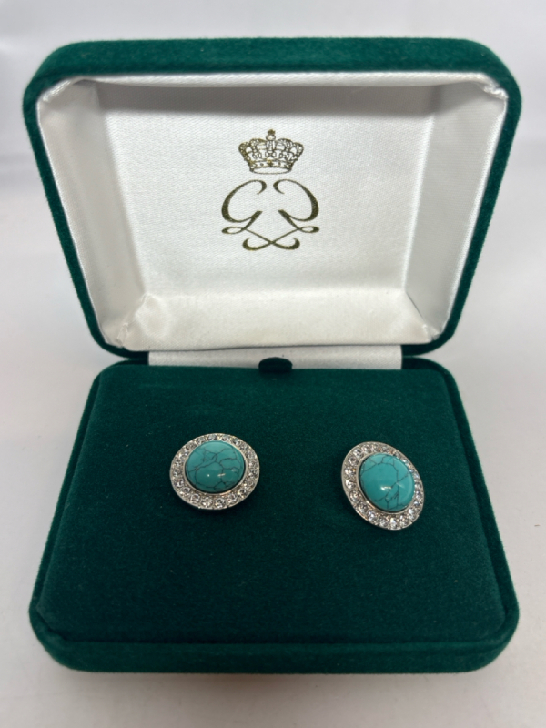 Grace Kelly Princess of Monaco Collection Turquoise Button Earrings Boxed Signed