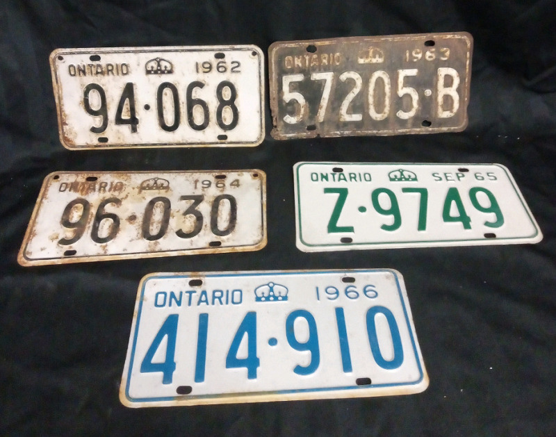 Vintage Ontario License Plates 1962, 1963, 1964, 1965, 1966