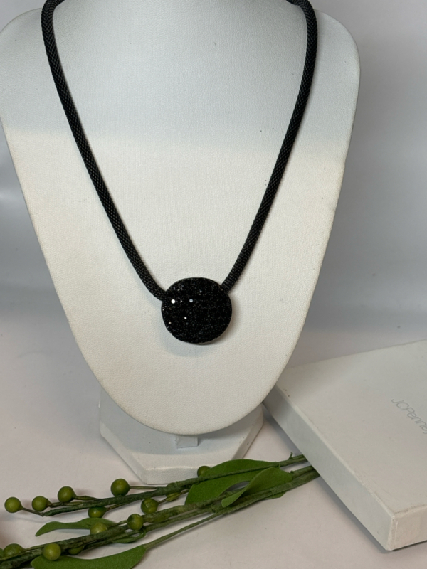 Fabulous Black Mesh Necklace Black Reversible Sparkly Round Medalian RMN